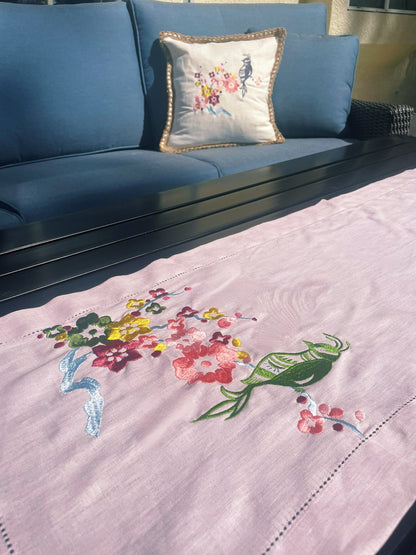 Embroidered Linen Table Runner (Light Pink)