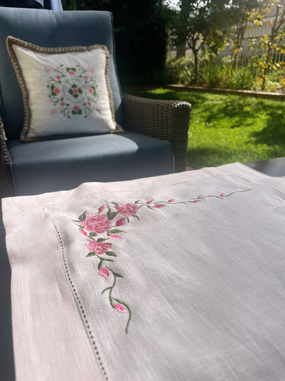 Embroidered Floral Border Linen Table Runner (Light Pink)