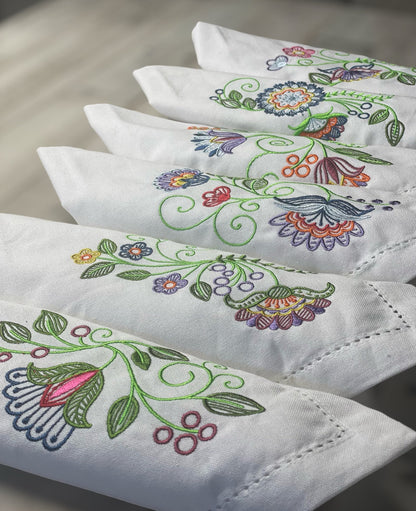 Embroidered Fashionable Flowers Cotton Napkins - (Set Of 6)