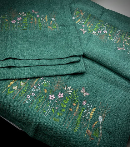 Embroidered Wildflowers Burlap Table Runner (Dark Green)