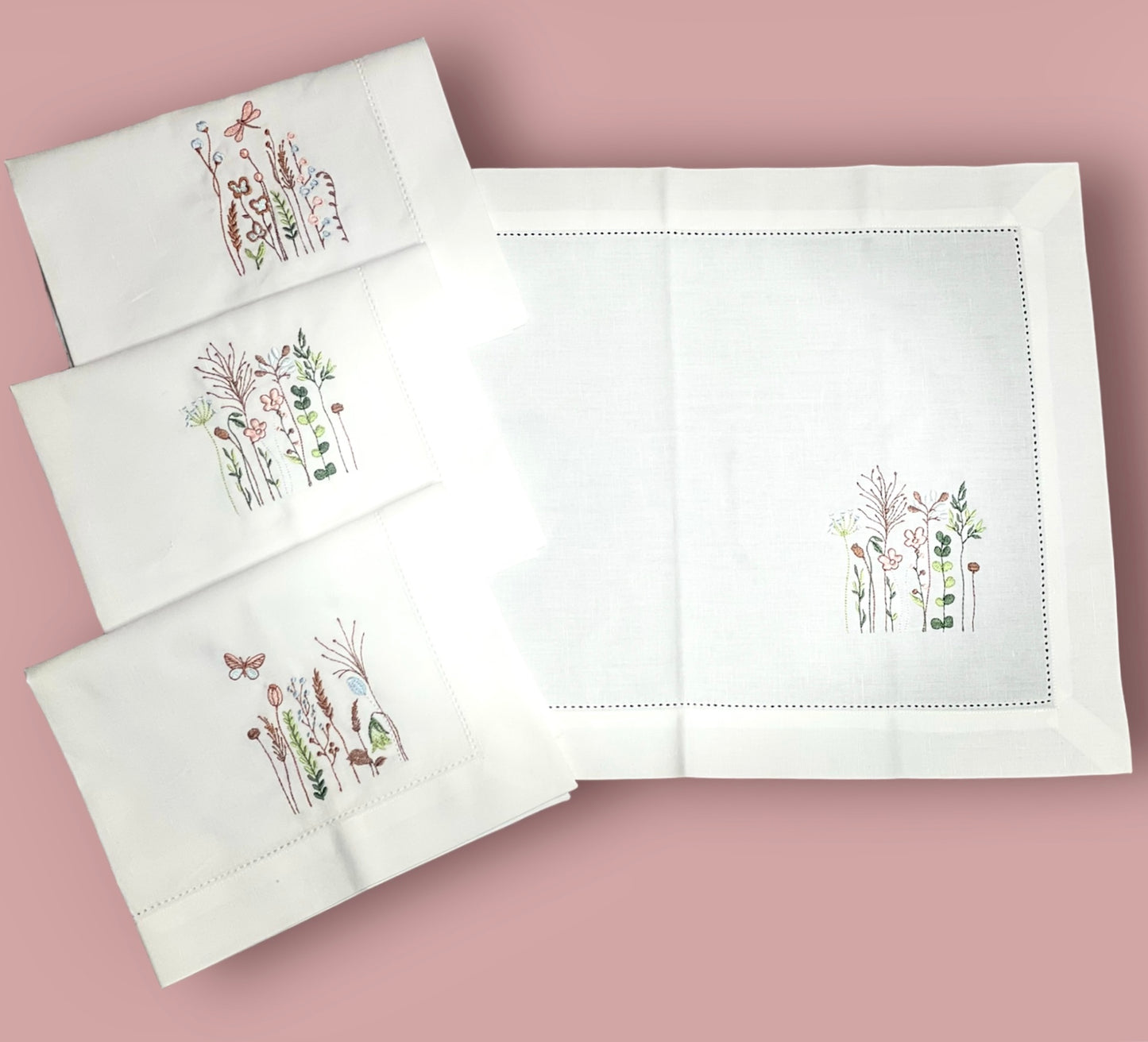 Embroidered Wildflower Cotton Linen Placemats (14x19 Inch) - Set Of 6