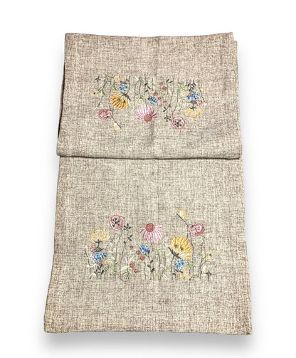 Embroidered Wildflower Burlap Table Runner (Beige)