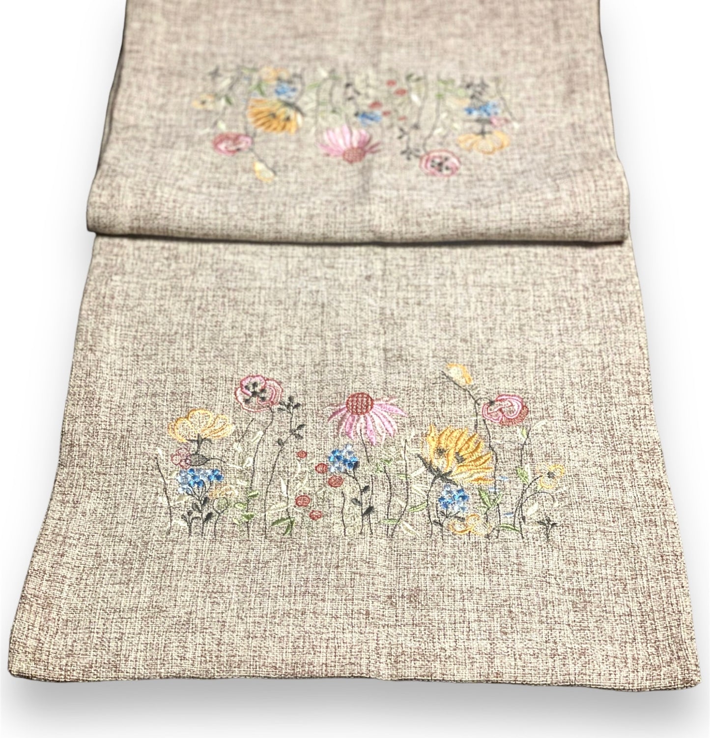 Embroidered Wildflower Burlap Table Runner (Beige)