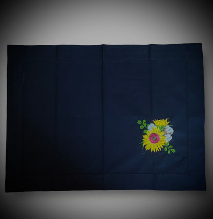 Embroidered Sunflower Cotton Linen Placemats, Navy (14x19 inches) - Set of 6