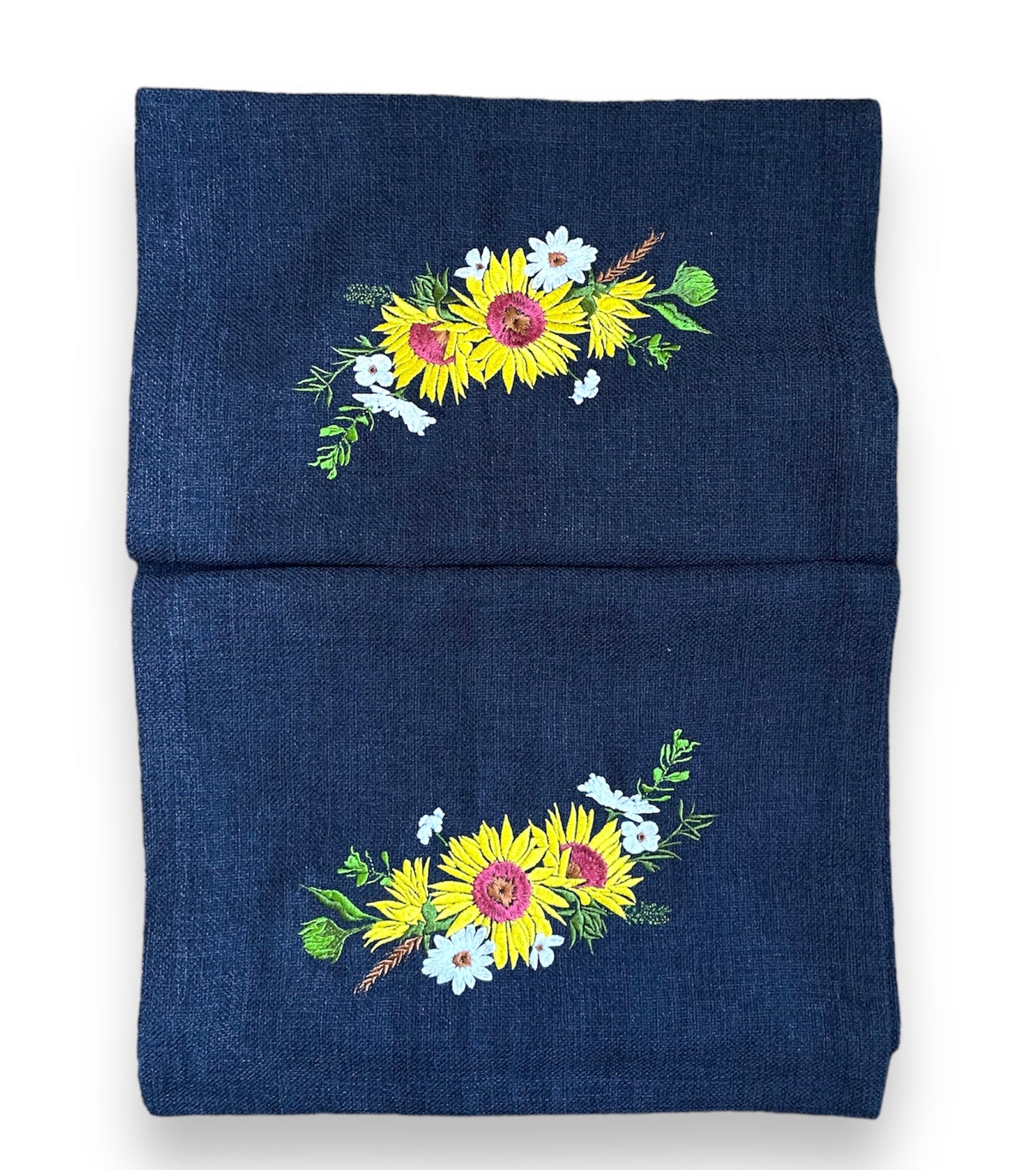 Embroidered Sunflower Burlap Table Runner (Navy)