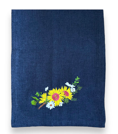Embroidered Sunflower Burlap Table Runner (Navy)