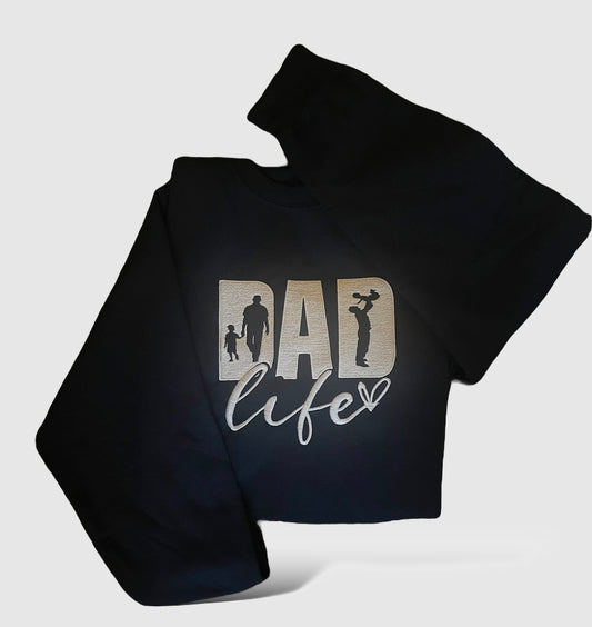 Soft and cozy sweatshirt with ‘Dad Life’ boldly embroidered in modern script, perfect for dads who proudly embrace the joys and challenges of fatherhood